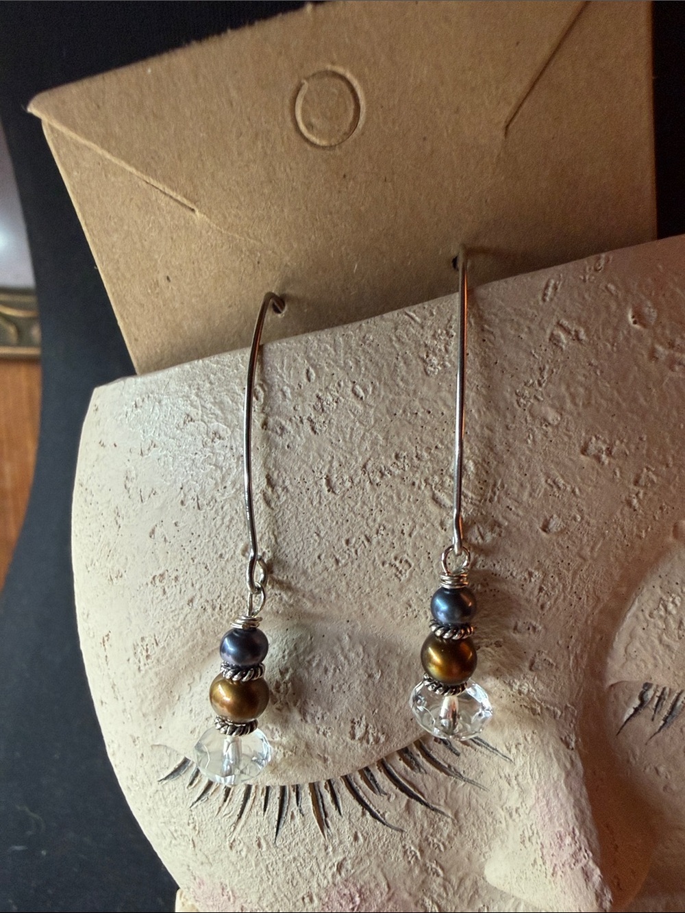 quartz crystal Drop Earrings with Blue and brown pearl Beads